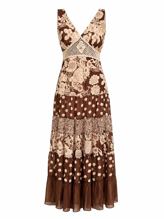 Cato Dresses & Skirts - Cato Boho Maxi Dress Floral Polka Dot Crochet Waist Size 6